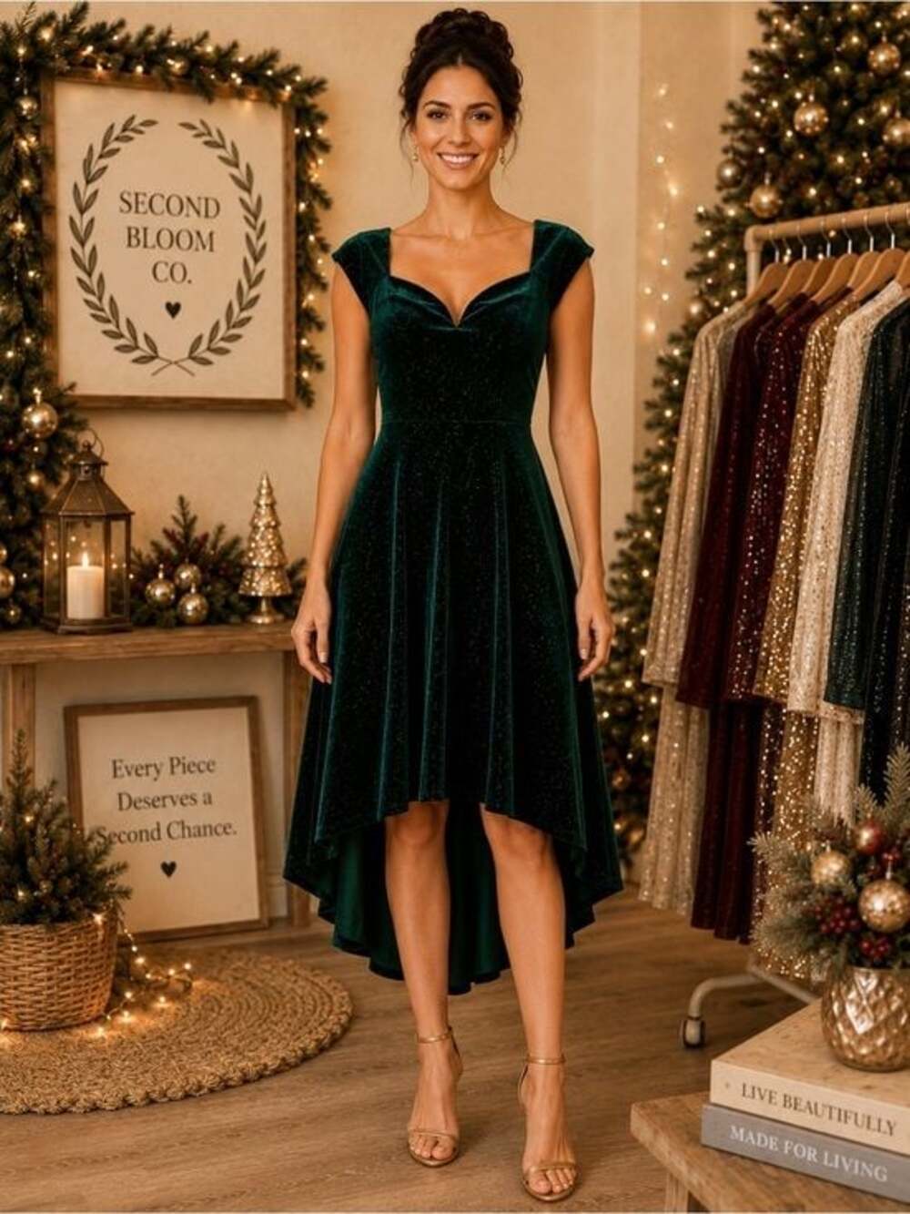 Premier Amour Emerald Green Velvet Sparkle High-Low Holiday Dress Size 4